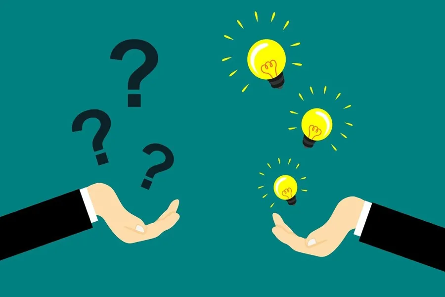 Illustration - one hand with question marks and one with light bulbs